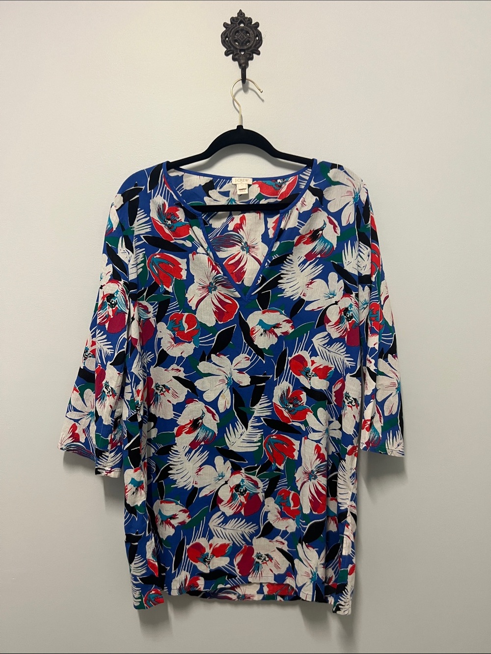 J. Crew Blue Floral V-Neck Swim Coverup Tunic Large